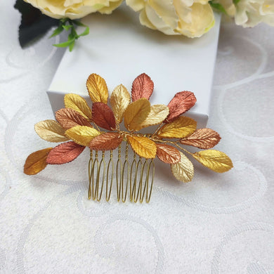 Bijou de cheveux avec feuilles en porcelaine froide dorées, cuivrées et bronze pour coiffure de mariage champêtre, rustique ou bohème