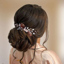 Charger l&#39;image dans la galerie, Bijou de cheveux Peigne floral avec perles, petites feuilles de strass et feuilles or rose pour coiffure de mariage bohème ou champêtre