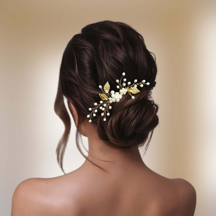 Bijou de cheveux Peigne en perles nacrées et feuilles dorées pour chignon de mariage bohème ou champêtre-chic