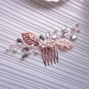 Bijou de cheveux Peigne floral avec perles, petites feuilles de strass et feuilles or rose pour coiffure de mariage bohème ou champêtre