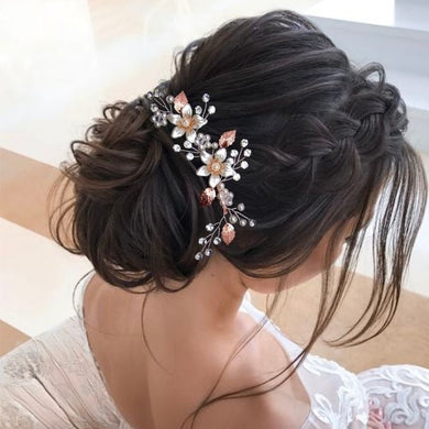 Peigne à cheveux floral avec perles, fleurs, cristaux de strass et feuilles or rose pour chignon de mariage bohème