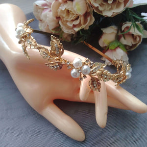 diadème de mariage avec feuilles dorées avec strass et perles