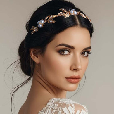 Serre-tête de mariage Florence, bijou doré orné de perles et de feuilles scintillantes