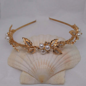 bandeau rigide pour coiffure de mariage avec feuilles dorées avec strass et perles