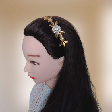 semi-diadème florale avec perles et feuilles dorées pour coiffure de mariage