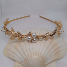 Charger l&#39;image dans la galerie, bandeau de cheveux rustique en feuilles dorées et perles pour mariage vintage