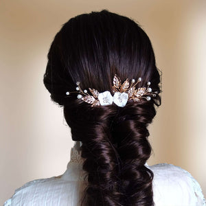 lot de 3 épingles à cheveux avec perles nacrées, cristal transparent, feuilles dorées et fleurs blanches pour coiffure de mariage