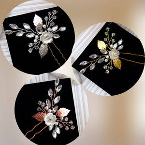 3 Petits bijoux de cheveux floraux avec cristal et strass transparents et feuilles argentées, dorées et or rose monté sur épingle à chignon pour coiffure de mariage