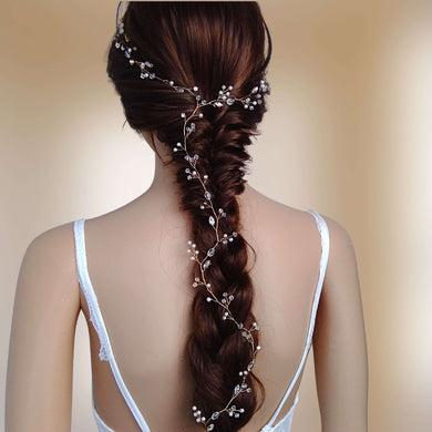 Vigne de cheveux extra longue avec perles nacrées, cristal et strass transparents pour coiffure de mariage bohème romantique