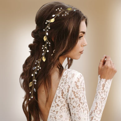 Vigne de cheveux extra longue pour coiffure de mariage bohème avec perles, strass, cristal et feuilles dorées