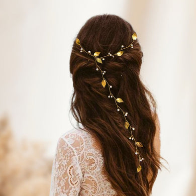 liane de cheveux avec perles nacrées et feuilles dorées en porcelaine froide pour coiffure de mariage bohème