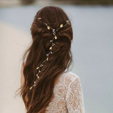 liane de cheveux avec perles nacrées et feuilles dorées en porcelaine froide pour coiffure de mariage bohème