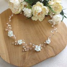 Charger l&#39;image dans la galerie, Image de Bandeau de cheveux avec perles , cristal et fleurs en pâte polymère sur fil or rose pour coiffure de mariage 