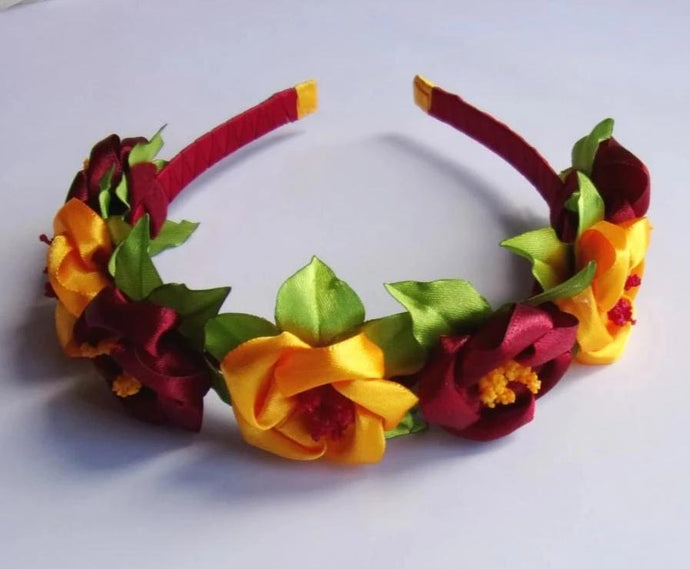 Serre-tête avec fleurs kanzashi rouge et jaune, Diadème en satin couleurs automnales