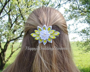 Pince à cheveux fleur kanzashi, Barrette à cheveux avec fleur en satin blanc, gris et jaune