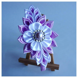 Serre-tête fleur kanzashi en satin violet et blanc, Diadème communion, mariage, demoiselle d'honneur