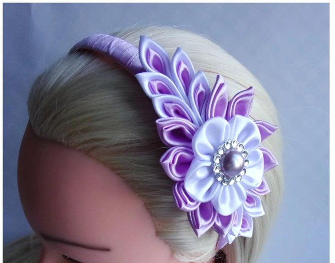 Serre-tête fleur kanzashi en satin violet et blanc, Diadème communion, mariage, demoiselle d'honneur