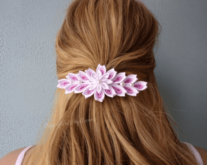 Large Barrette française avec fleurs kanzashi, Pince à cheveux en blanc et rose