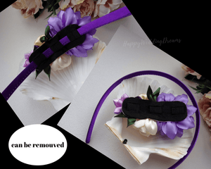 Serre-tête avec fleurs en satin violet et crème, Bandeau cheveux fille, Diadème floral