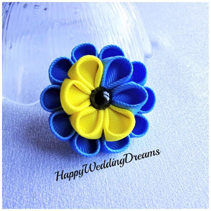 Pince à cheveux fleur kanzashi bleu et jaune, Barrette à cheveux avec fleur en ruban gros grain