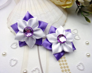 Barrettes fleurs violet et blanc pour demoiselles d'honneur, Pinces à cheveux mariage, baptême ou communion