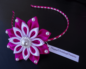 Serre-tête fille fleur kanzashi ultra violet, Bandeau cheveux fleur en satin, Diadème