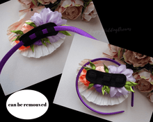 Charger l&#39;image dans la galerie, Serre-tête avec fleurs en violet et orange, Bandeau cheveux fille, Diadème floral