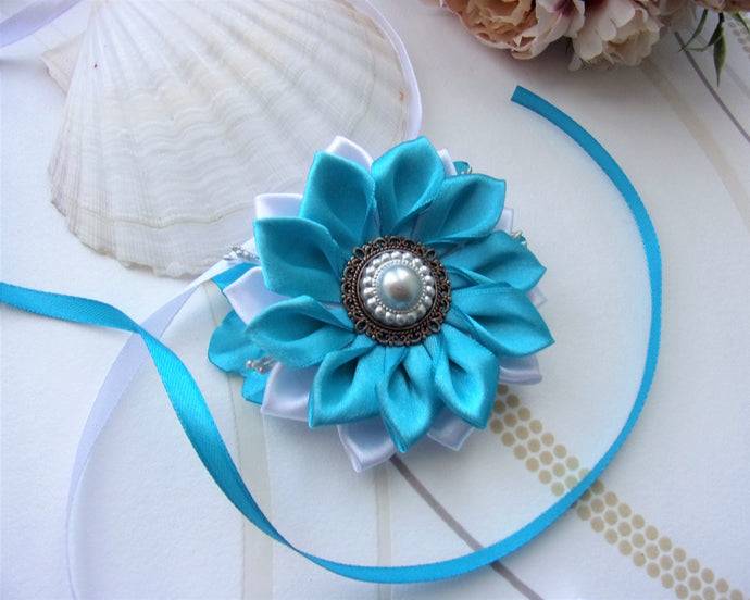 Barrette française turquoise, Pince à cheveux Fleur kanzashi