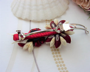 Barrette française pour cheveux longs avec fleurs kanzashi en bordeaux et crème, Pince cheveux