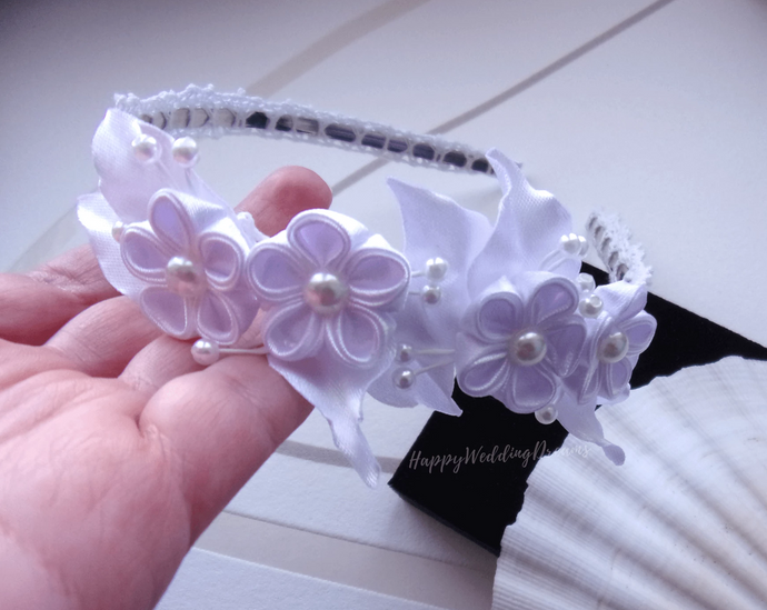 Serre-tête en satin blanc et dentelle, Diadème mariage ou première communion, Bandeau cheveux