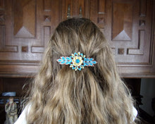 Charger l&#39;image dans la galerie, Barrette française, Pince cheveux longs avec fleurs kanzashi en turquoise, crème et marron