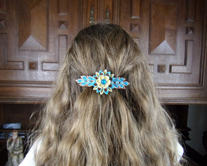 Barrette française, Pince cheveux longs avec fleurs kanzashi en turquoise, crème et marron