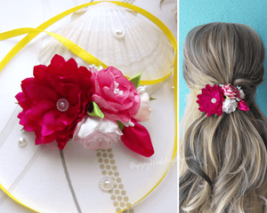 Barrette française avec fleurs en satin mauve et crème,  Pince cheveux florale