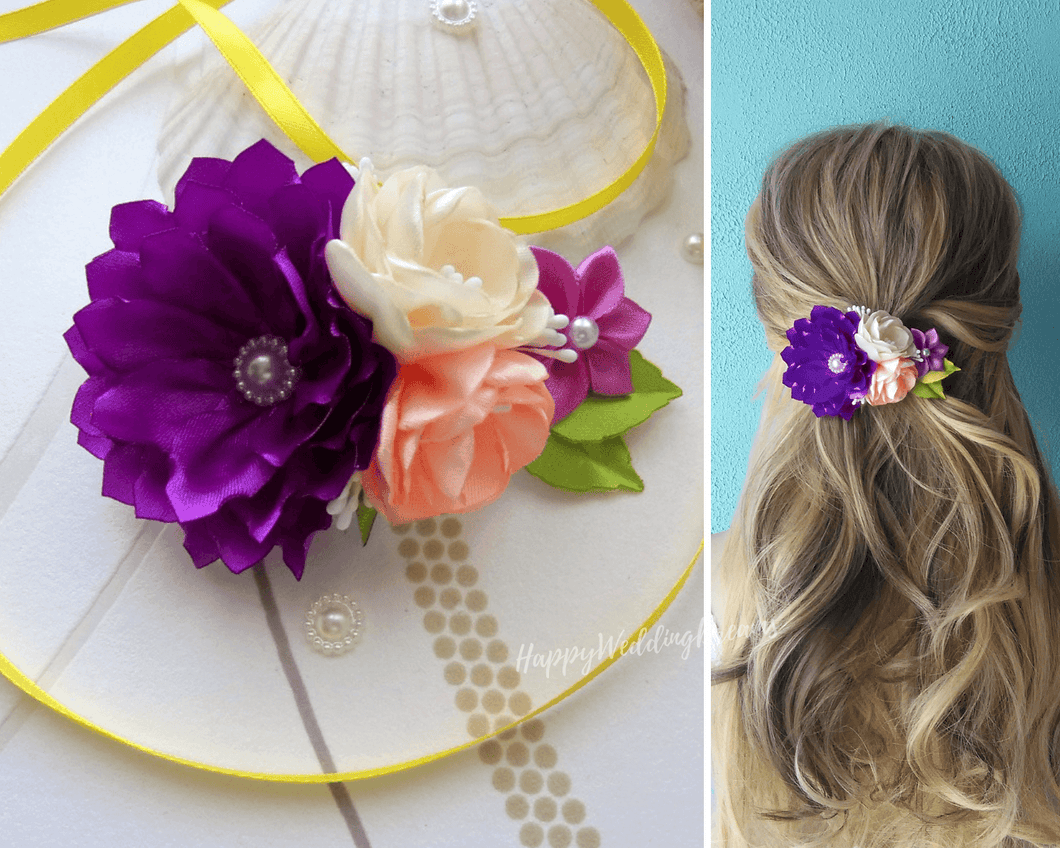 Pince cheveux mariage champêtre,Barrette française avec fleurs en satin violet, crème et pêche