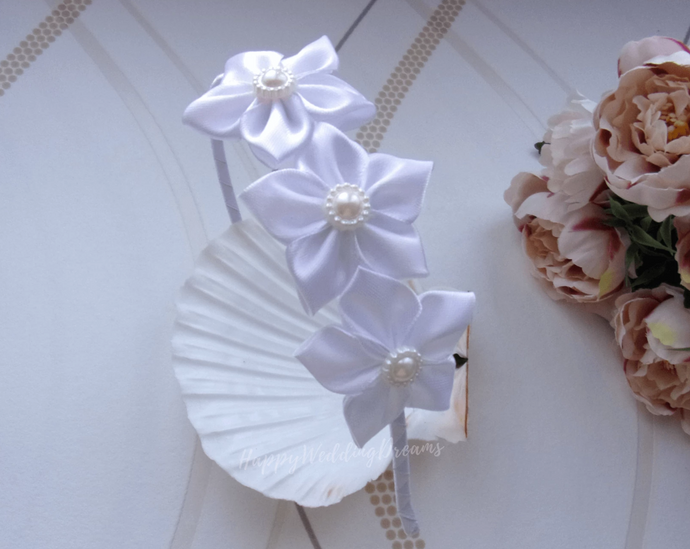 Serre-tête fleurs en satin blanc, Bandeau mariage, Diadème première communion