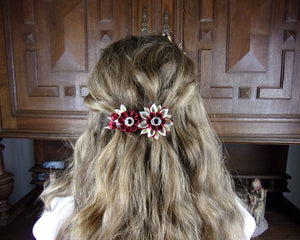 Barrette française pour cheveux longs avec fleurs kanzashi en bordeaux et crème, Pince cheveux