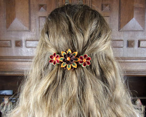 Barrette française avec fleurs kanzashi en couleurs d'automne, Pince à cheveux longs