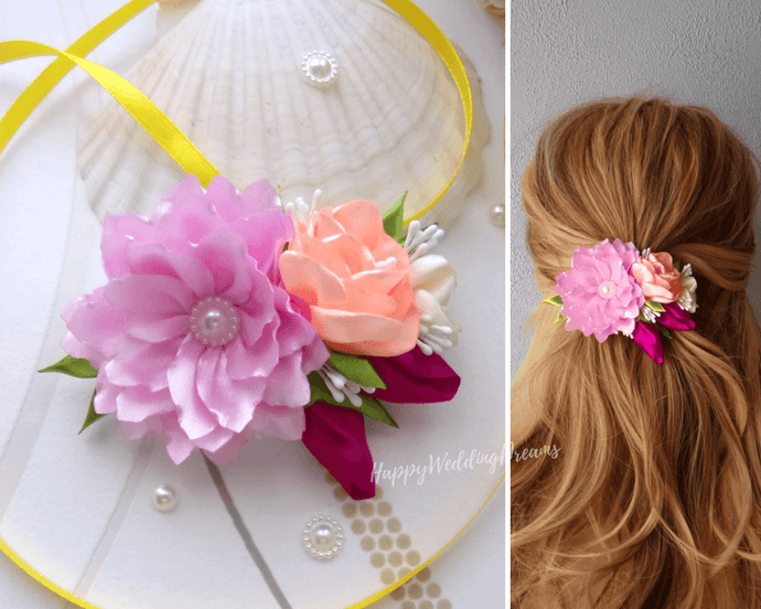 Barrette française avec fleurs en satin rose et pêche, Pince à cheveux florale mariage champêtre