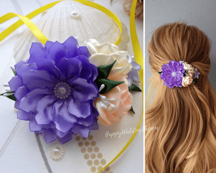 Barrette française avec fleurs en satin violet, crème et pêche, Pince cheveux mariage champêtre