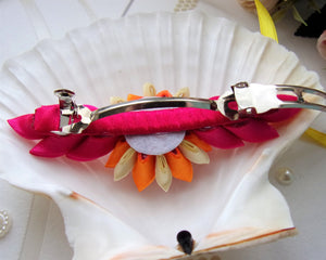 Barrette française avec fleurs kanzashi en rose, orange et crème, Pince cheveux longs