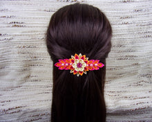 Charger l&#39;image dans la galerie, Barrette française avec fleurs kanzashi en rose, orange et crème, Pince cheveux longs