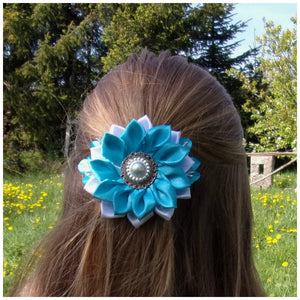 Barrette française turquoise, Pince à cheveux Fleur kanzashi