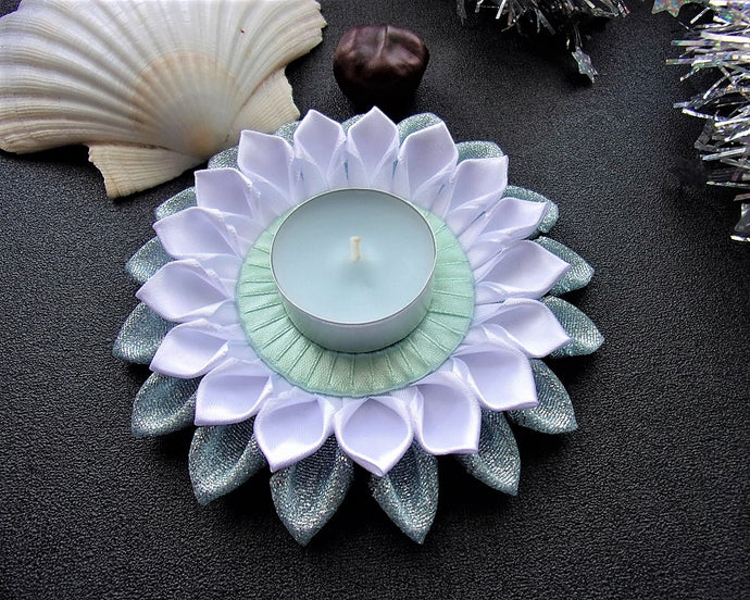 Porte-bougie, Bougeoir de Noël en blanc et bleu argenté, Décoration table de fête