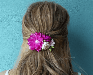 Barrette française florale en satin rose et crème, Pince cheveux mariage champêtre