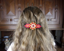Charger l&#39;image dans la galerie, Barrette française avec fleurs kanzashi en rose, orange et crème, Pince cheveux longs