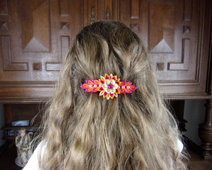 Barrette française avec fleurs kanzashi en rose, orange et crème, Pince cheveux longs