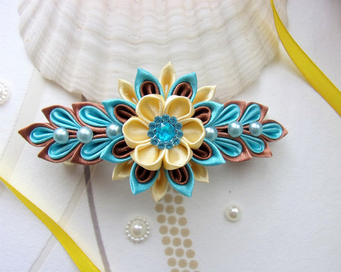 Barrette française, Pince cheveux longs avec fleurs kanzashi en turquoise, crème et marron