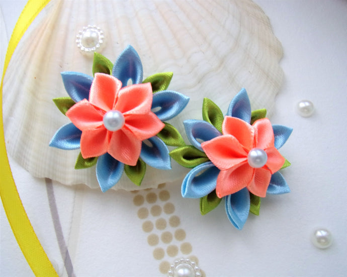 Élastique cheveux fleur kanzashi bleu et orange, queue de cheval, nattes petite fille, Chouchou