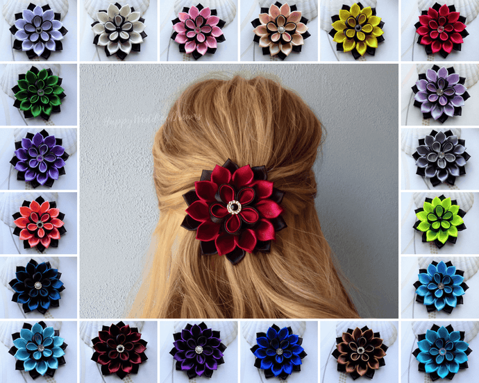 Barrette française avec fleur ronde style kanzashi, Pince à cheveux longs