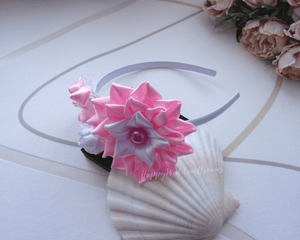 Serre-tête avec fleurs en satin rose et blanc, Diadème mariage ou première communion